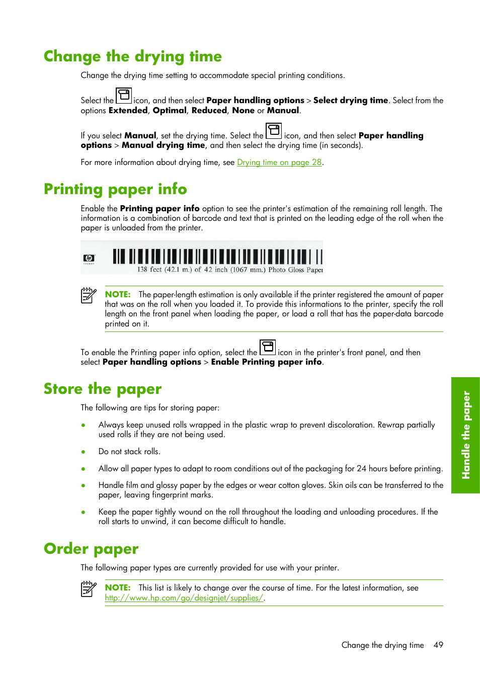Change the drying time, Printing paper info, Store the paper | Order paper | HP Designjet Z6100 Printer series User Manual | Page 61 / 232