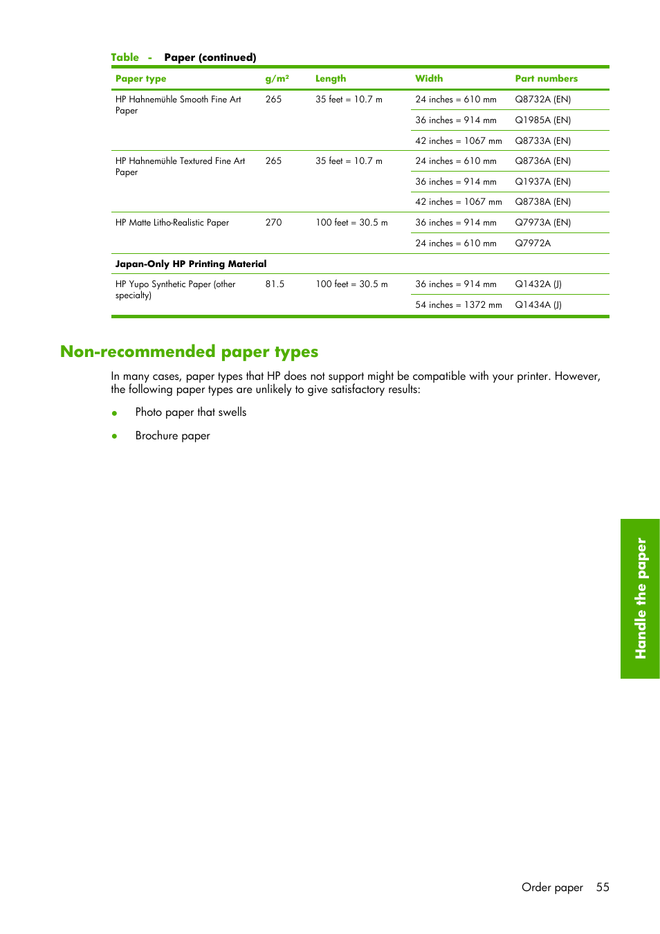 Non-recommended paper types, Ha ndle the paper | HP Designjet Z6100 Printer series User Manual | Page 67 / 232