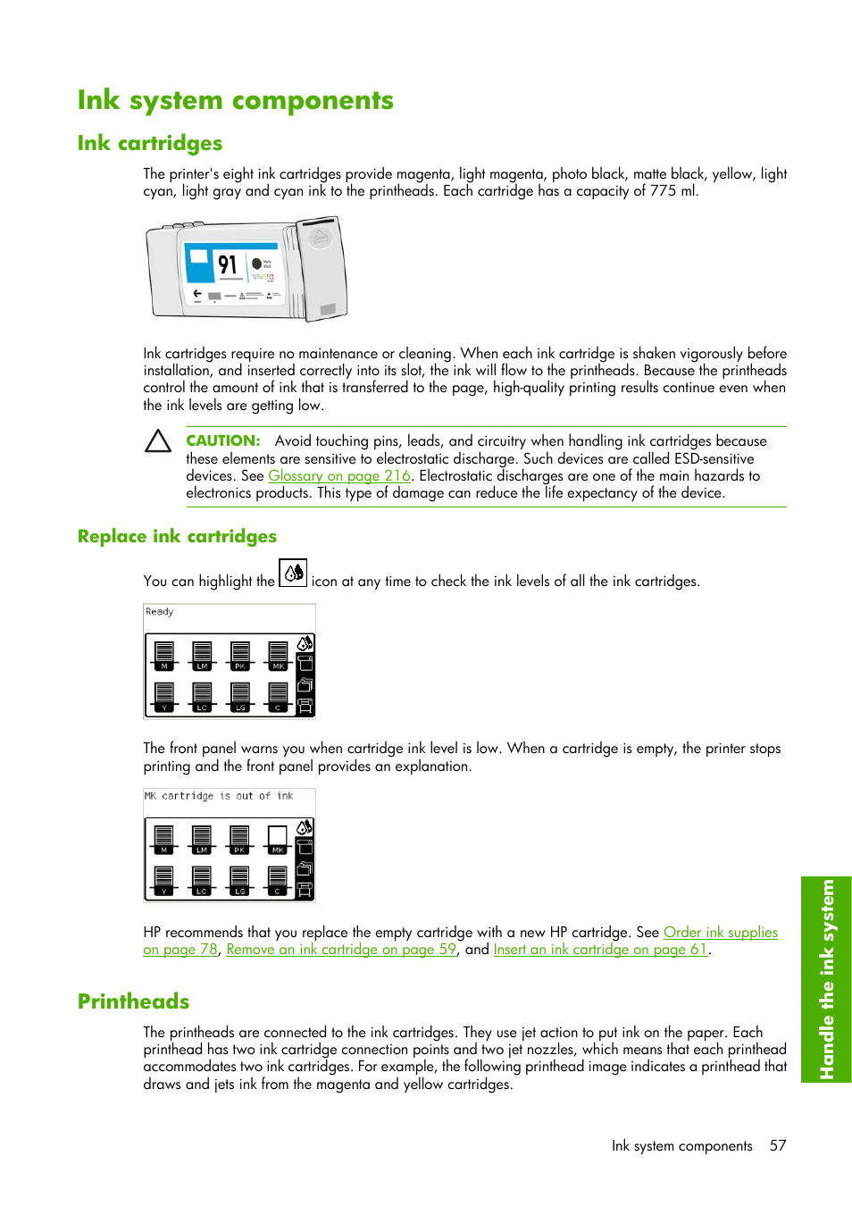 Ink system components, Ink cartridges, Printheads | HP Designjet Z6100 Printer series User Manual | Page 69 / 232