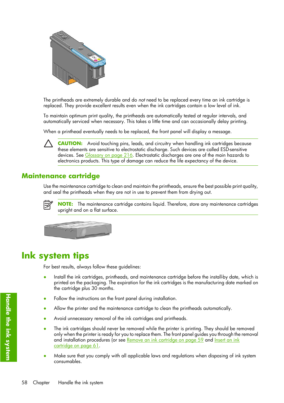 Ink system tips, Maintenance cartridge | HP Designjet Z6100 Printer series User Manual | Page 70 / 232