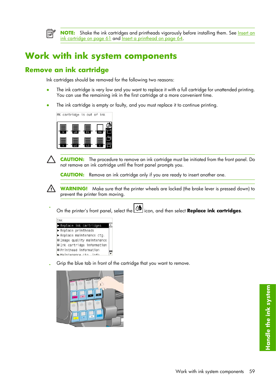 Work with ink system components, Remove an ink cartridge | HP Designjet Z6100 Printer series User Manual | Page 71 / 232