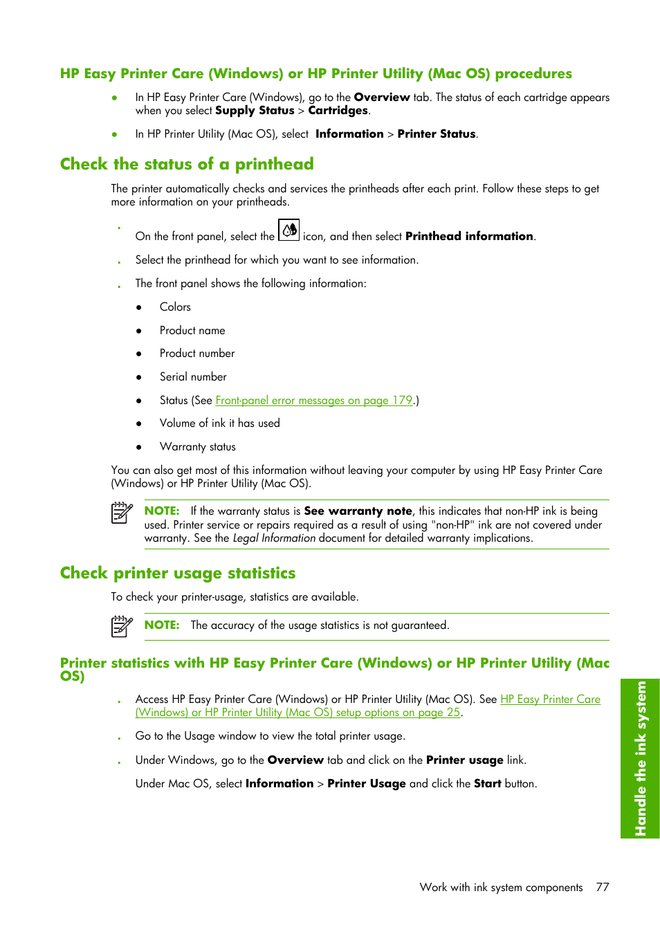 Check the status of a printhead, Check printer usage statistics | HP Designjet Z6100 Printer series User Manual | Page 89 / 232