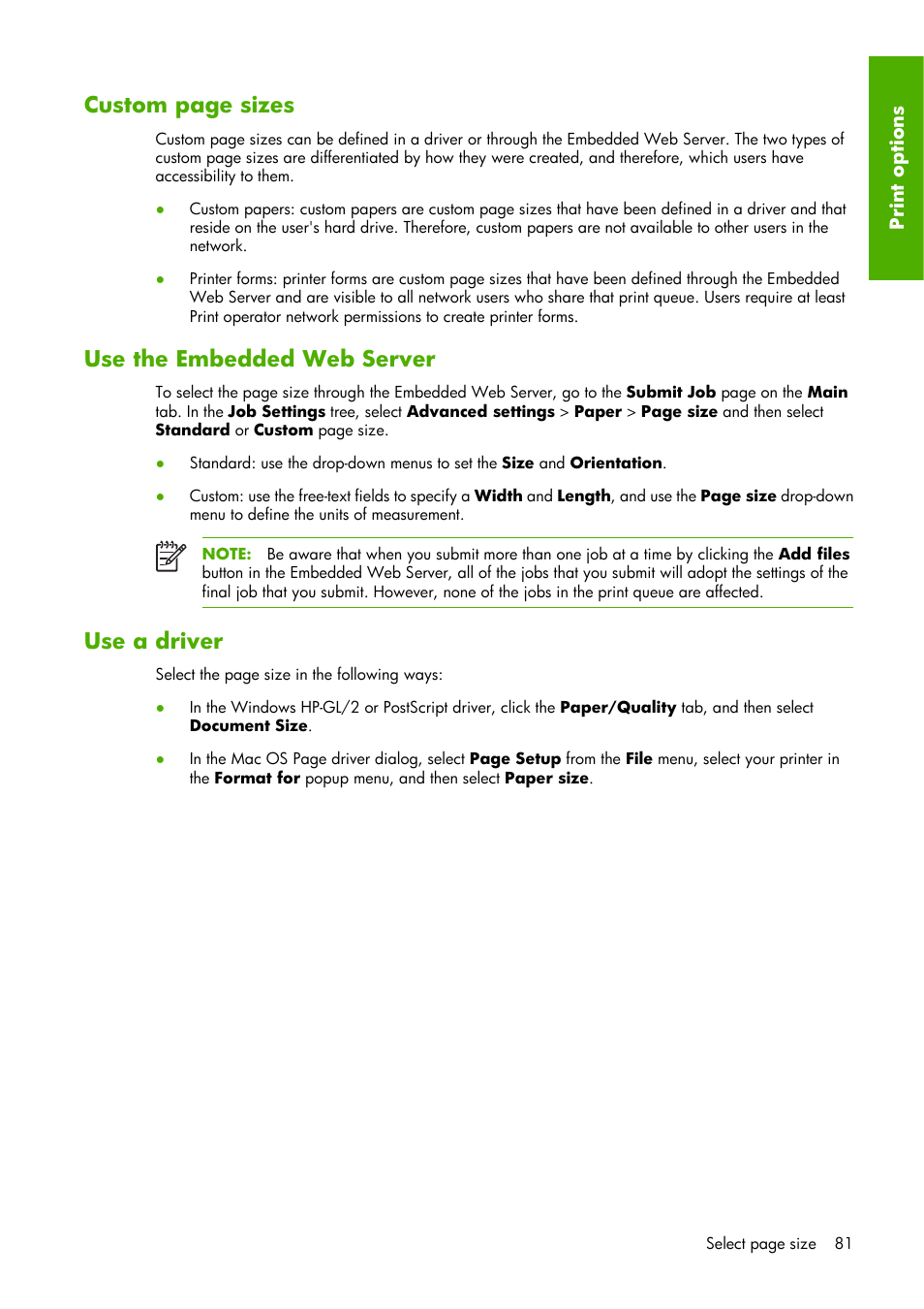 Custom page sizes, Use the embedded web server, Use a driver | HP Designjet Z6100 Printer series User Manual | Page 93 / 232
