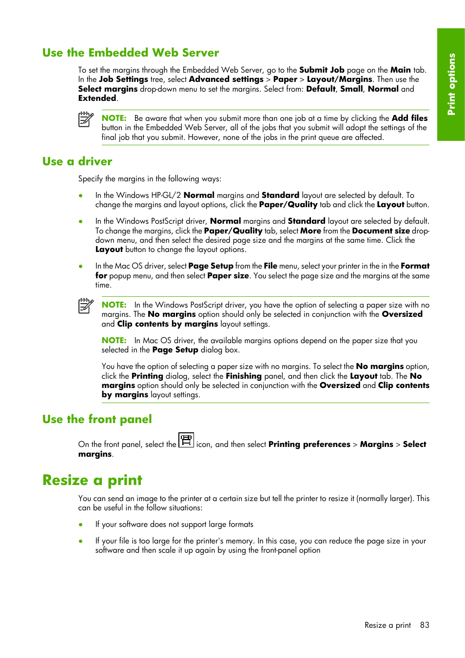 Resize a print, Use the embedded web server, Use a driver | Use the front panel | HP Designjet Z6100 Printer series User Manual | Page 95 / 232