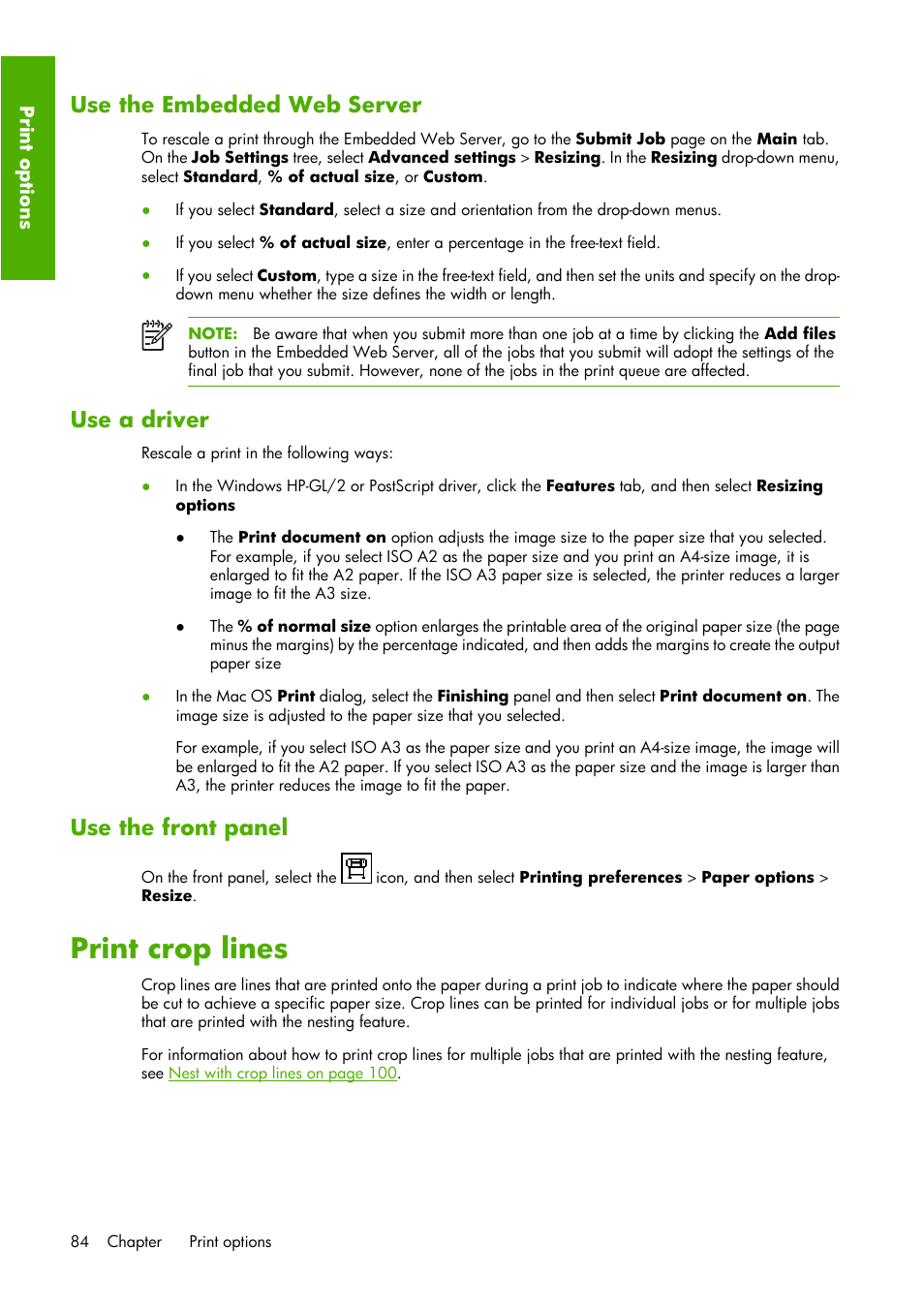 Print crop lines, Use the embedded web server, Use a driver | Use the front panel | HP Designjet Z6100 Printer series User Manual | Page 96 / 232