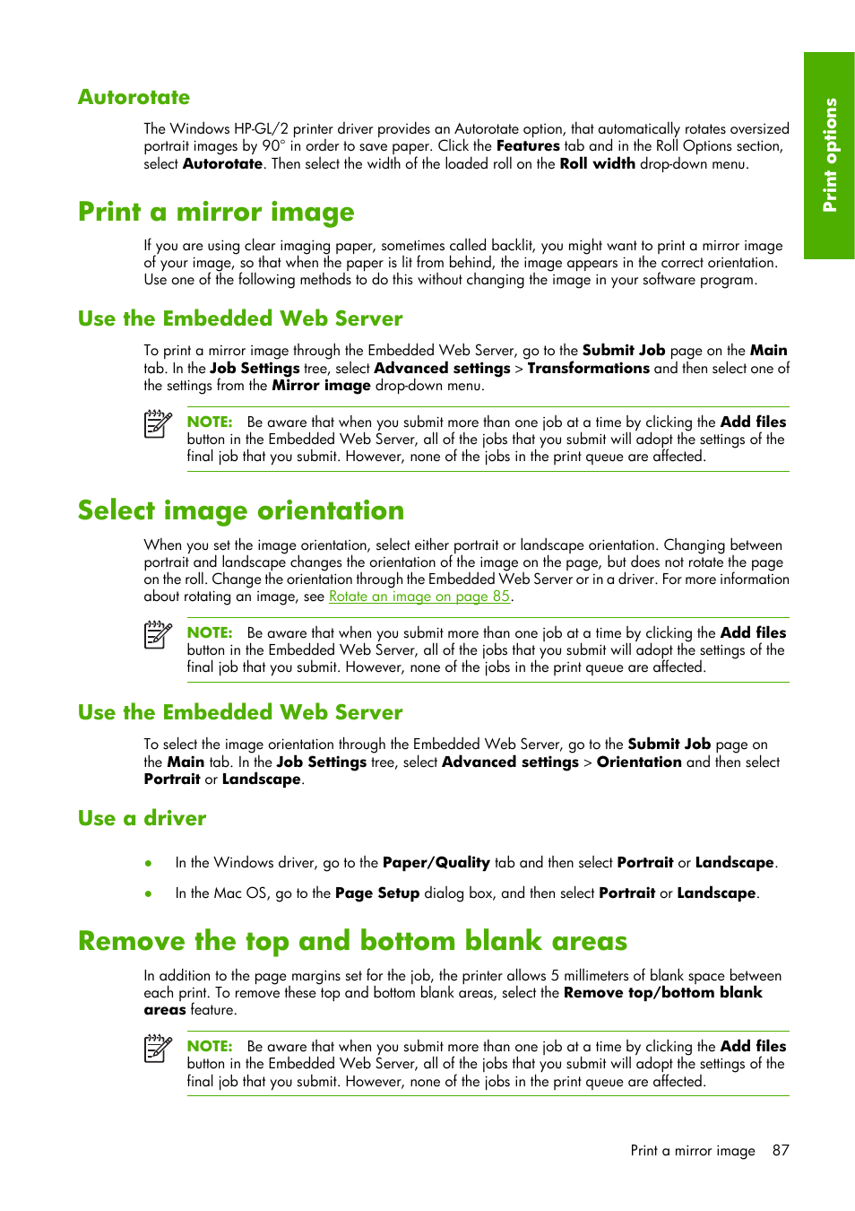 Print a mirror image, Select image orientation, Remove the top and bottom blank areas | Autorotate, Use the embedded web server, Use a driver | HP Designjet Z6100 Printer series User Manual | Page 99 / 232