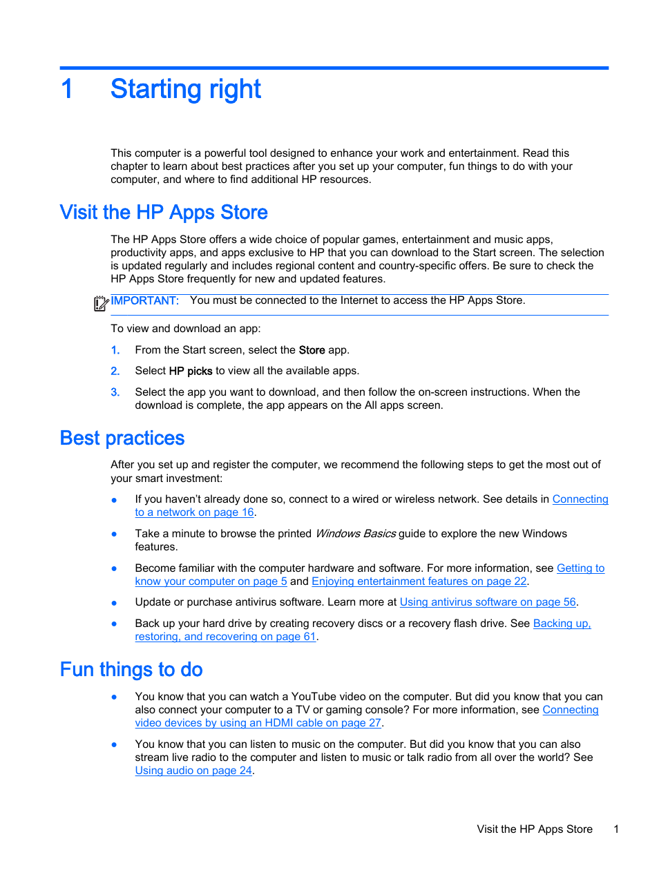 Starting right, Visit the hp apps store, Best practices | Fun things to do, 1 starting right, 1starting right | HP 256 G3 Notebook PC User Manual | Page 11 / 79