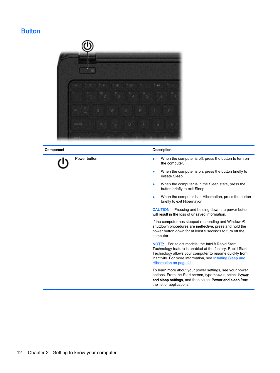 Button, 12 chapter 2 getting to know your computer | HP 256 G3 Notebook PC User Manual | Page 22 / 79