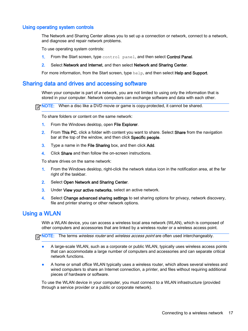 Using operating system controls, Sharing data and drives and accessing software, Using a wlan | HP 256 G3 Notebook PC User Manual | Page 27 / 79