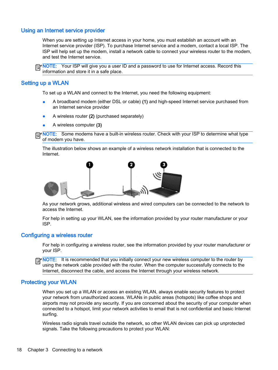 Using an internet service provider, Setting up a wlan, Configuring a wireless router | Protecting your wlan | HP 256 G3 Notebook PC User Manual | Page 28 / 79