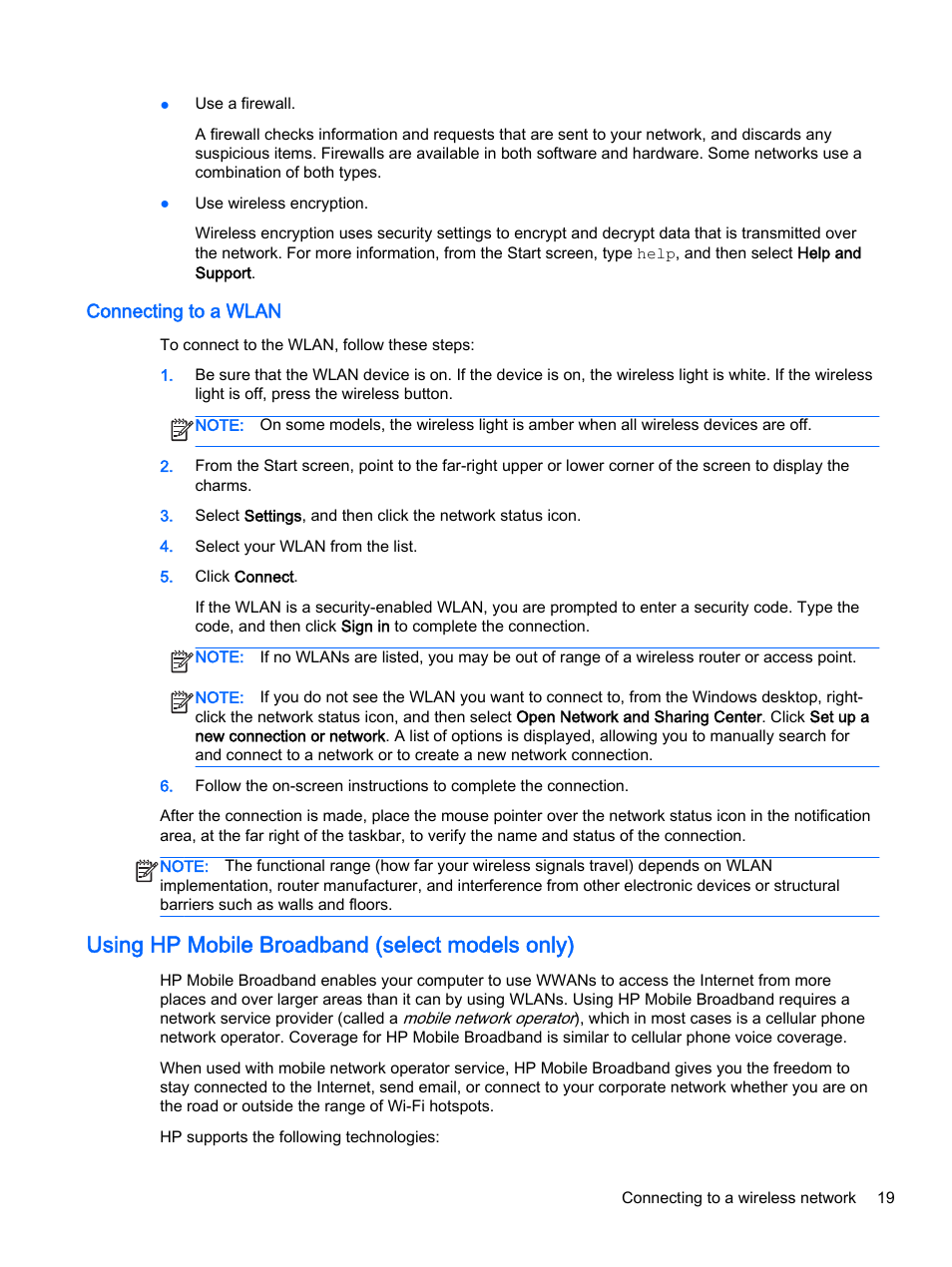 Connecting to a wlan, Using hp mobile broadband (select models only) | HP 256 G3 Notebook PC User Manual | Page 29 / 79