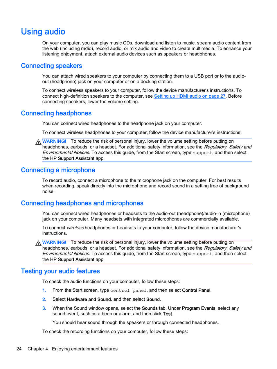 Using audio, Connecting speakers, Connecting headphones | Connecting a microphone, Connecting headphones and microphones, Testing your audio features | HP 256 G3 Notebook PC User Manual | Page 34 / 79