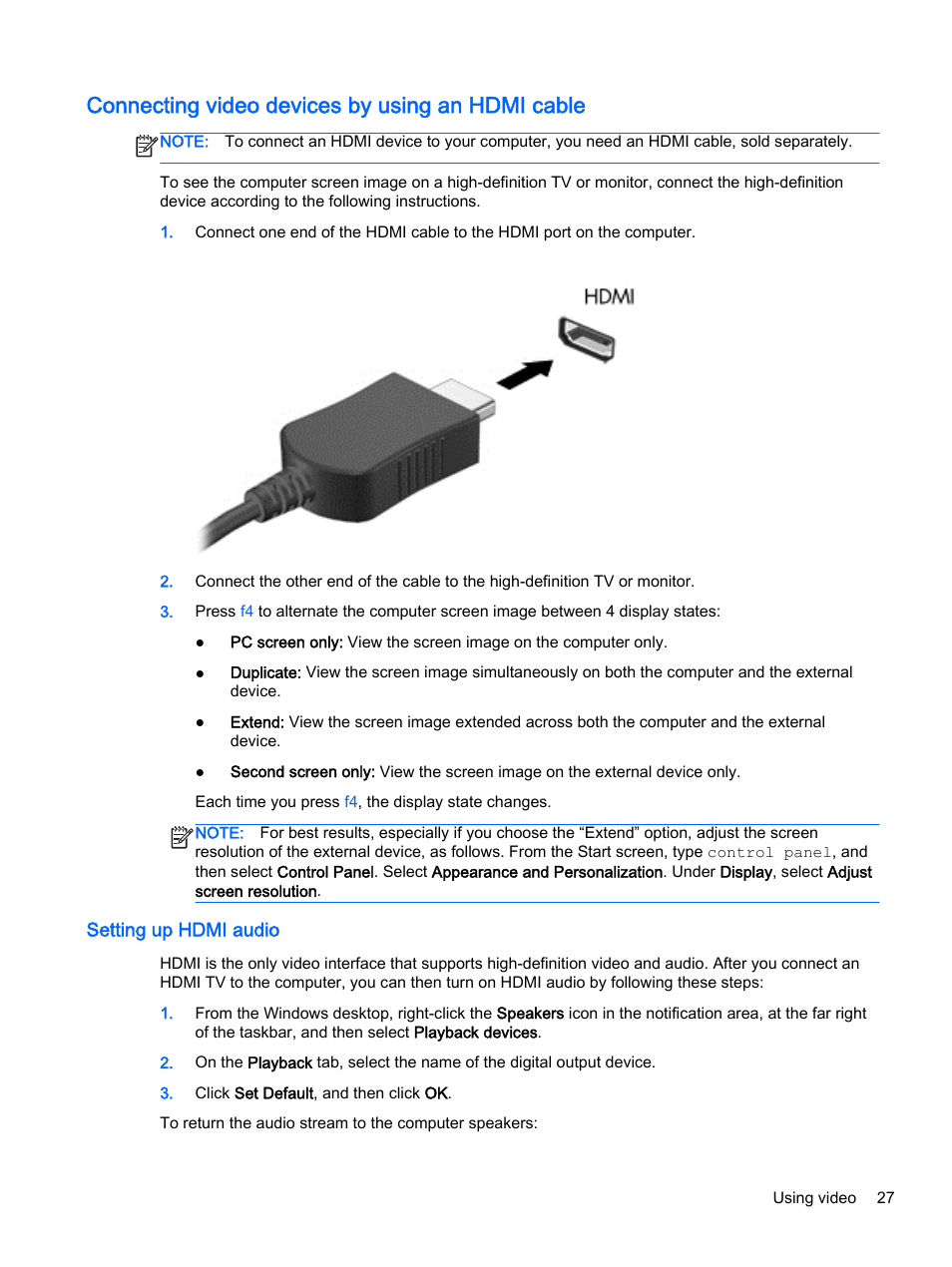 Connecting video devices by using an hdmi cable, Setting up hdmi audio, Connecting | HP 256 G3 Notebook PC User Manual | Page 37 / 79