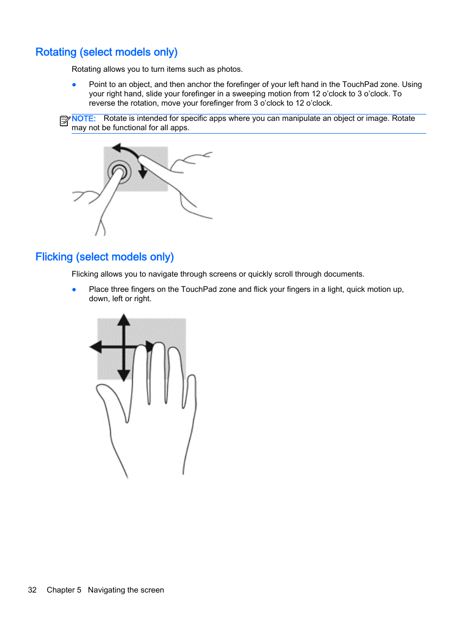 Rotating (select models only), Flicking (select models only) | HP 256 G3 Notebook PC User Manual | Page 42 / 79