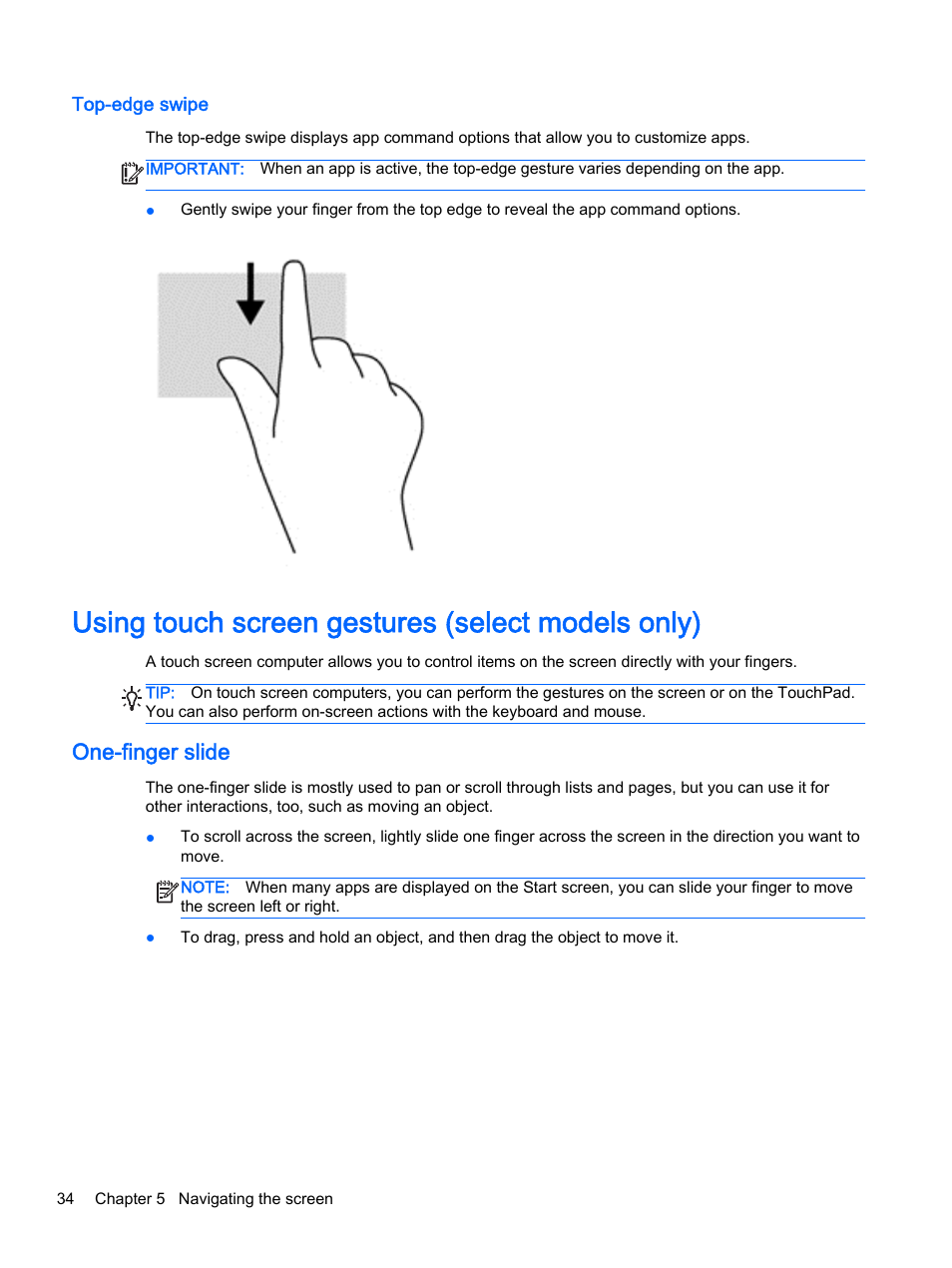 Top-edge swipe, Using touch screen gestures (select models only), One-finger slide | HP 256 G3 Notebook PC User Manual | Page 44 / 79