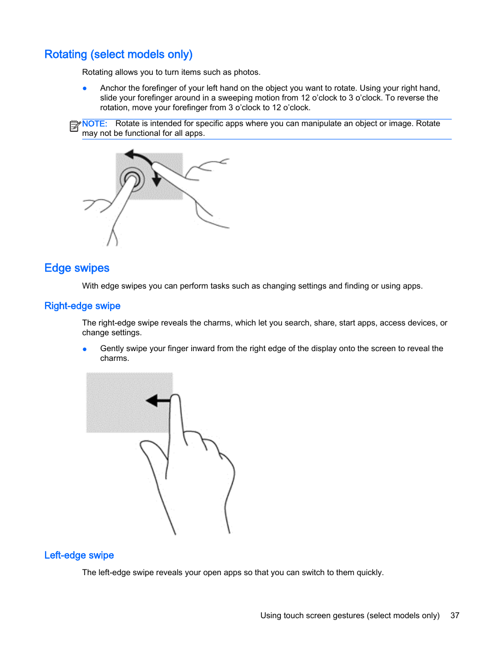 Rotating (select models only), Edge swipes, Right-edge swipe | Left-edge swipe, Rotating (select models only) edge swipes, Right-edge swipe left-edge swipe | HP 256 G3 Notebook PC User Manual | Page 47 / 79