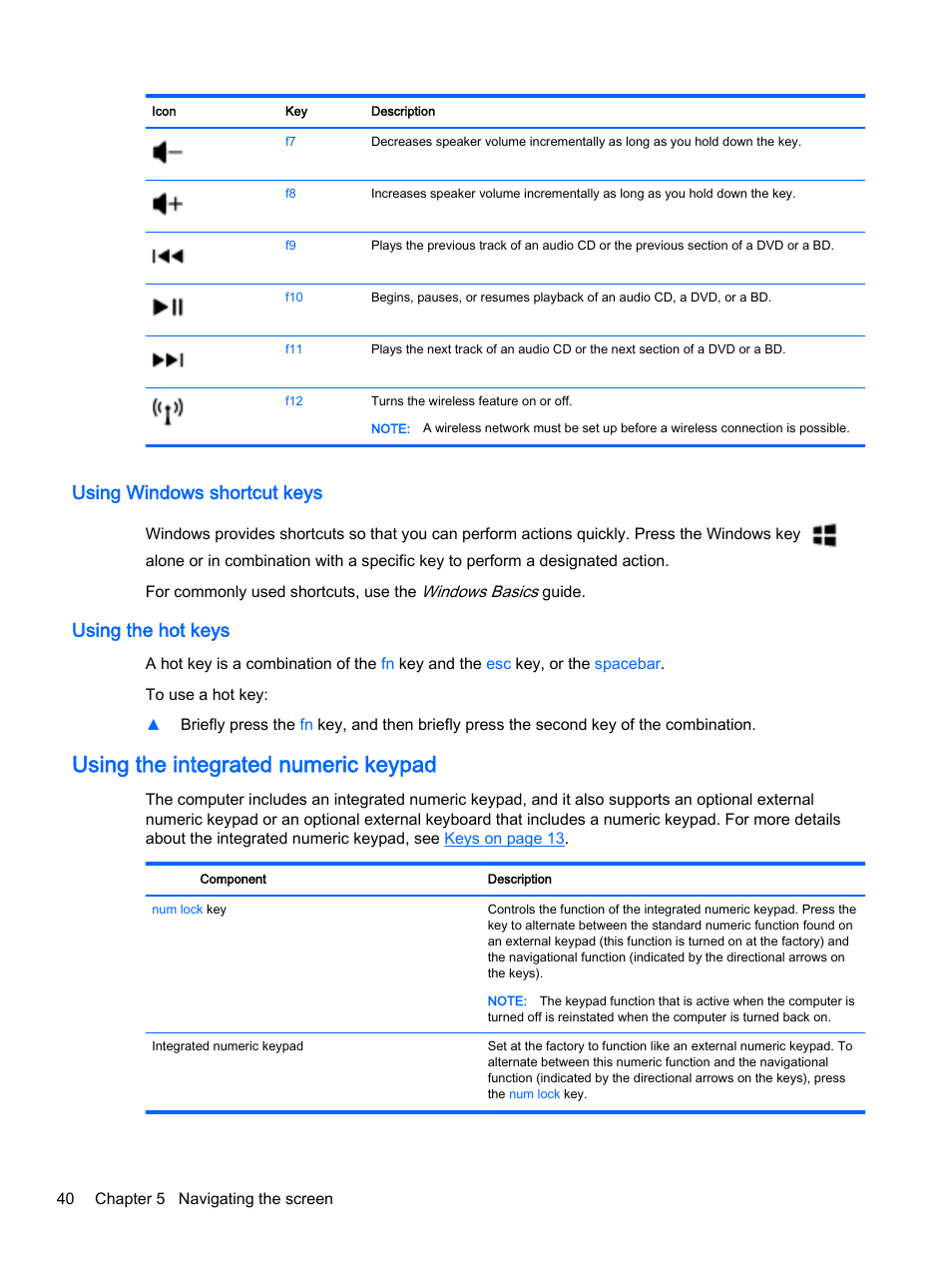 Using windows shortcut keys, Using the hot keys, Using the integrated numeric keypad | Using windows shortcut keys using the hot keys | HP 256 G3 Notebook PC User Manual | Page 50 / 79