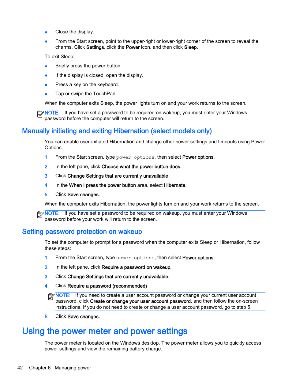 Setting password protection on wakeup, Using the power meter and power settings | HP 256 G3 Notebook PC User Manual | Page 52 / 79