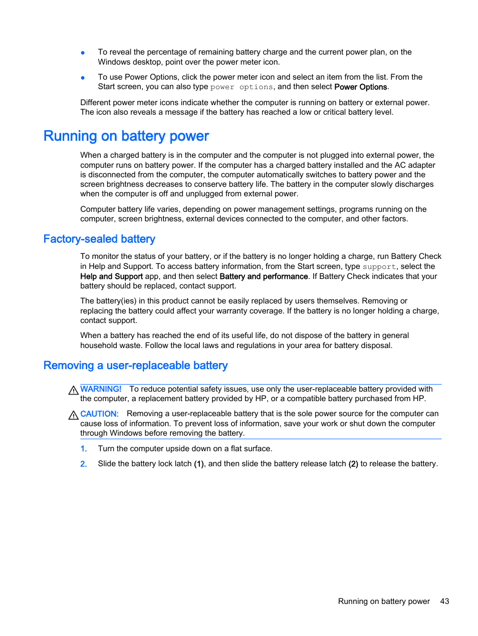 Running on battery power, Factory-sealed battery, Removing a user-replaceable battery | HP 256 G3 Notebook PC User Manual | Page 53 / 79