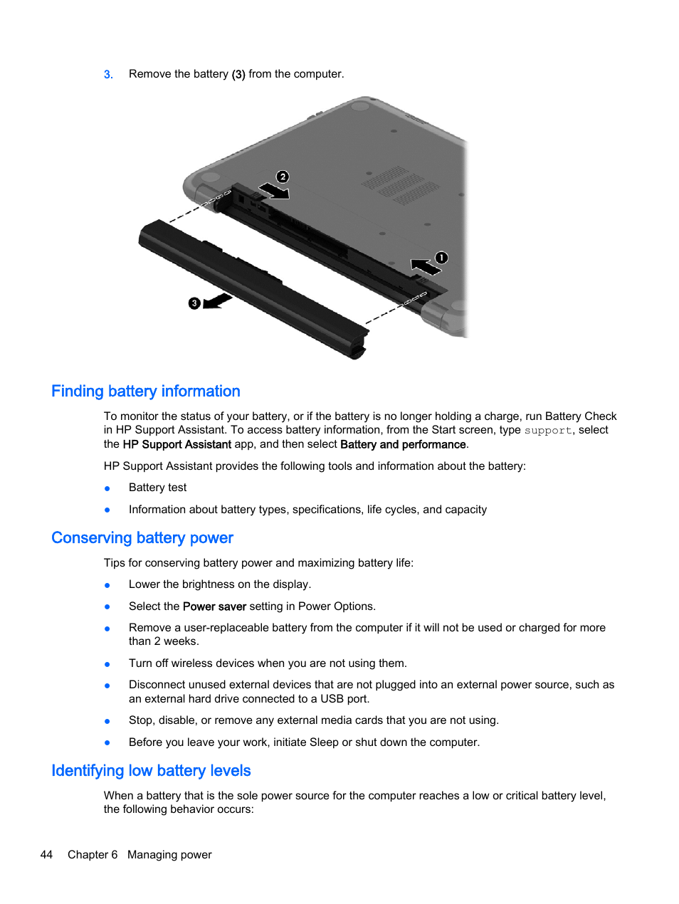 Finding battery information, Conserving battery power, Identifying low battery levels | HP 256 G3 Notebook PC User Manual | Page 54 / 79
