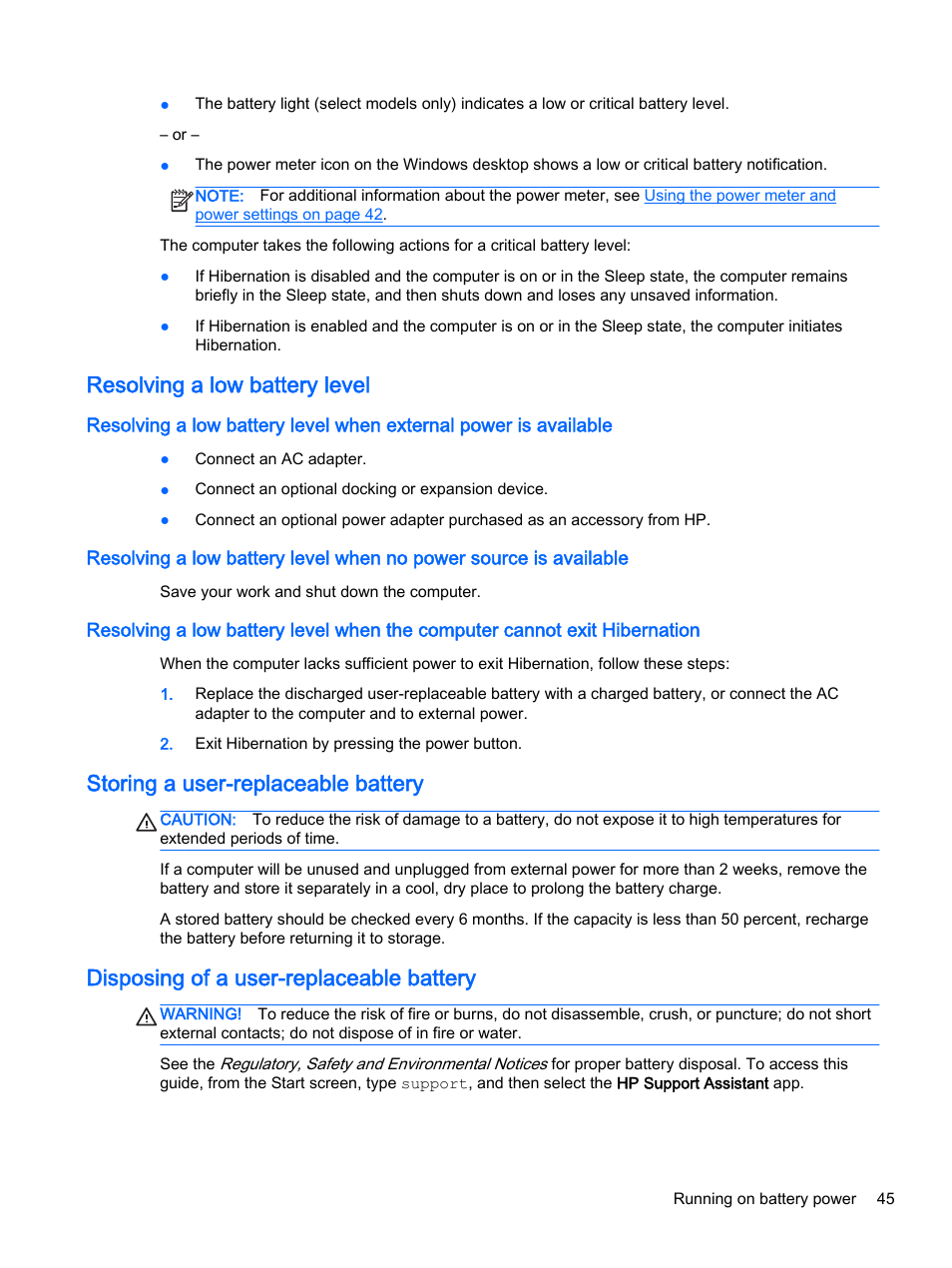 Resolving a low battery level, Storing a user-replaceable battery, Disposing of a user-replaceable battery | HP 256 G3 Notebook PC User Manual | Page 55 / 79