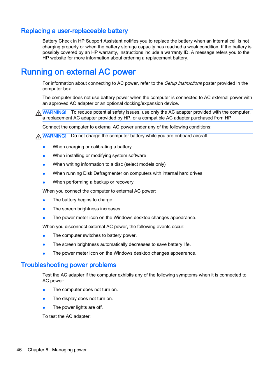 Replacing a user-replaceable battery, Running on external ac power, Troubleshooting power problems | HP 256 G3 Notebook PC User Manual | Page 56 / 79