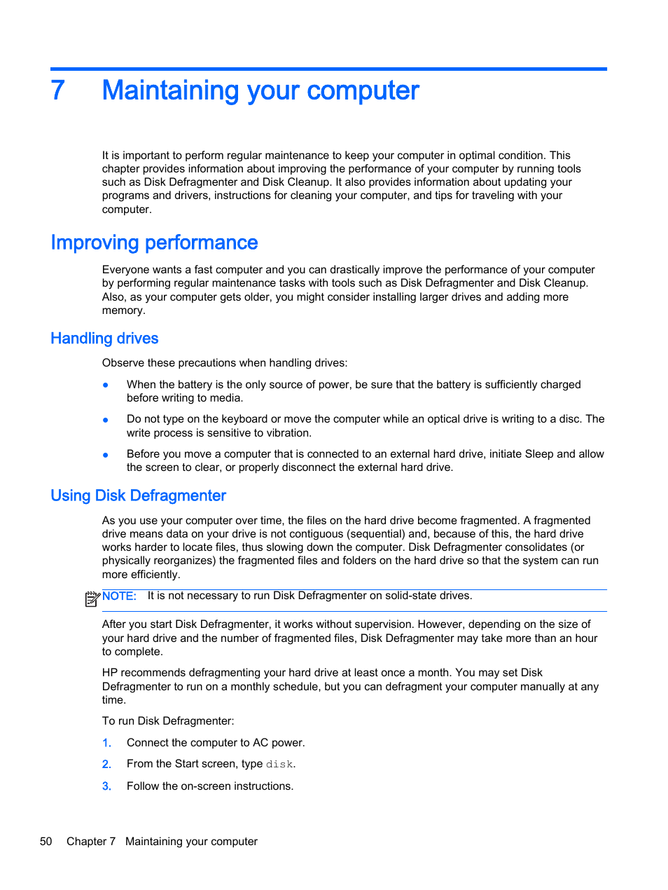 Maintaining your computer, Improving performance, Handling drives | Using disk defragmenter, 7 maintaining your computer, Handling drives using disk defragmenter, 7maintaining your computer | HP 256 G3 Notebook PC User Manual | Page 60 / 79
