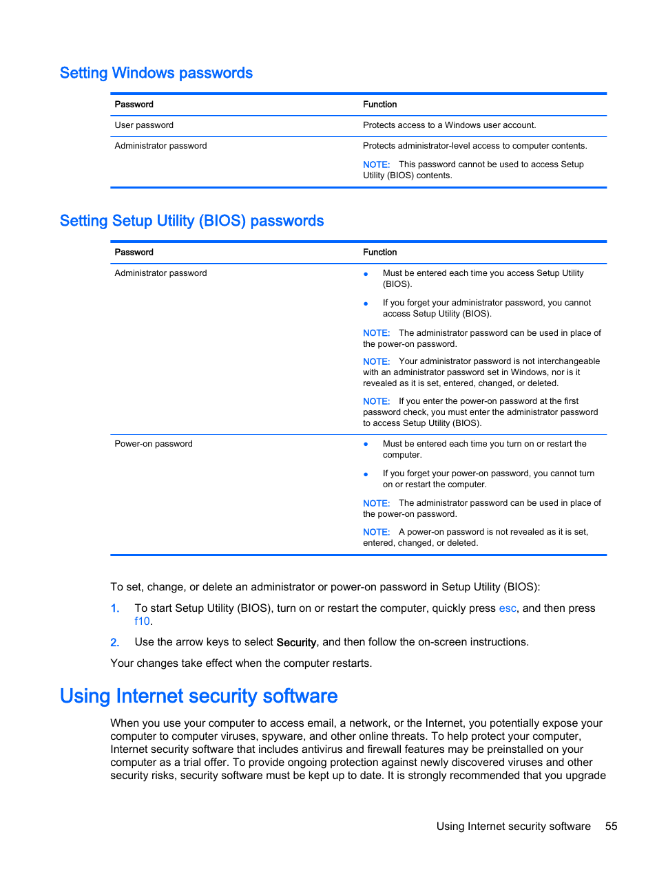 Setting windows passwords, Setting setup utility (bios) passwords, Using internet security software | HP 256 G3 Notebook PC User Manual | Page 65 / 79