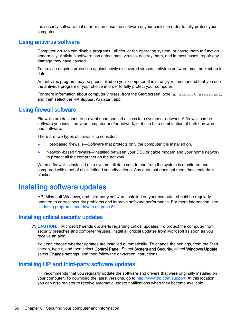 Using antivirus software, Using firewall software, Installing software updates | Installing critical security updates, Installing hp and third-party software updates, Using antivirus software using firewall software | HP 256 G3 Notebook PC User Manual | Page 66 / 79