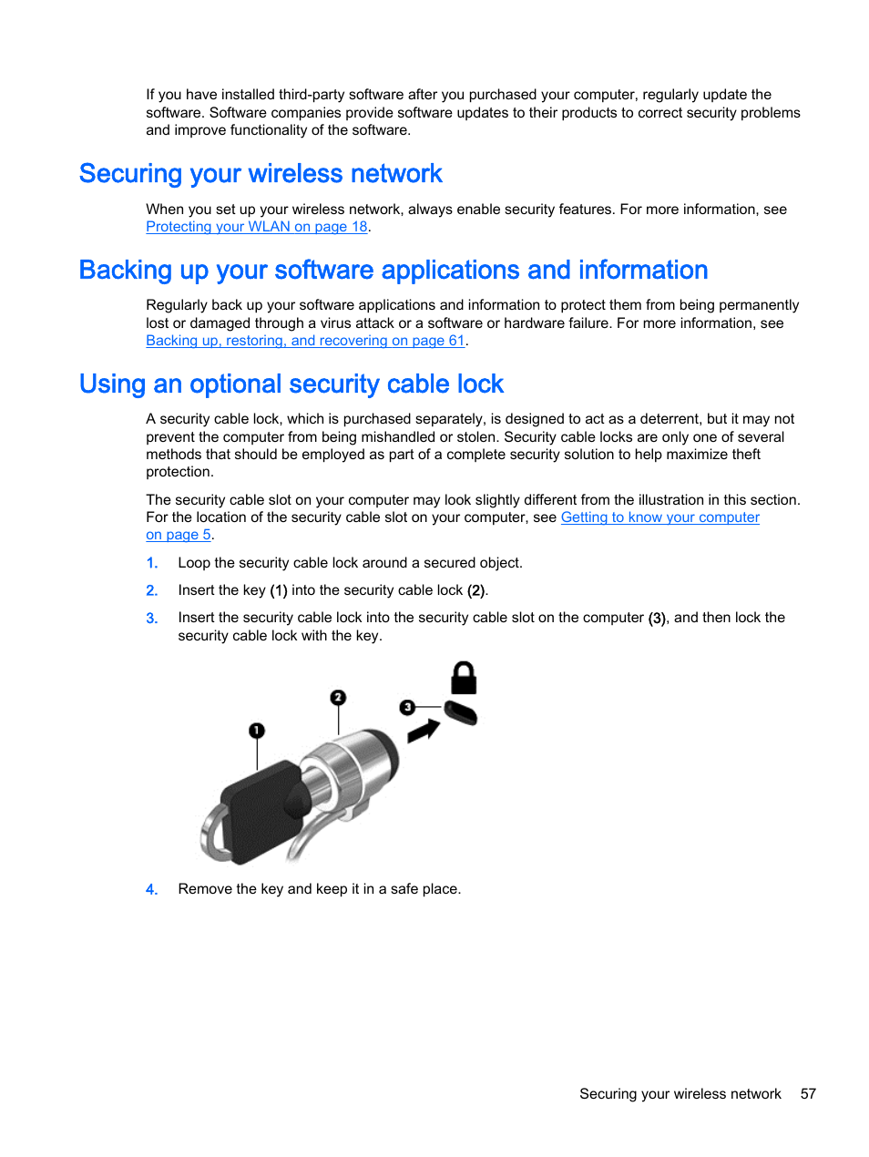 Securing your wireless network, Using an optional security cable lock | HP 256 G3 Notebook PC User Manual | Page 67 / 79