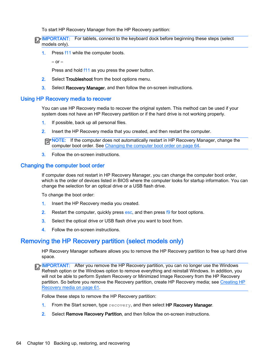 Using hp recovery media to recover, Changing the computer boot order | HP 256 G3 Notebook PC User Manual | Page 74 / 79