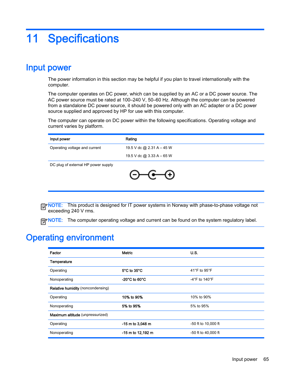 Specifications, Input power, Operating environment | 11 specifications, Input power operating environment | HP 256 G3 Notebook PC User Manual | Page 75 / 79