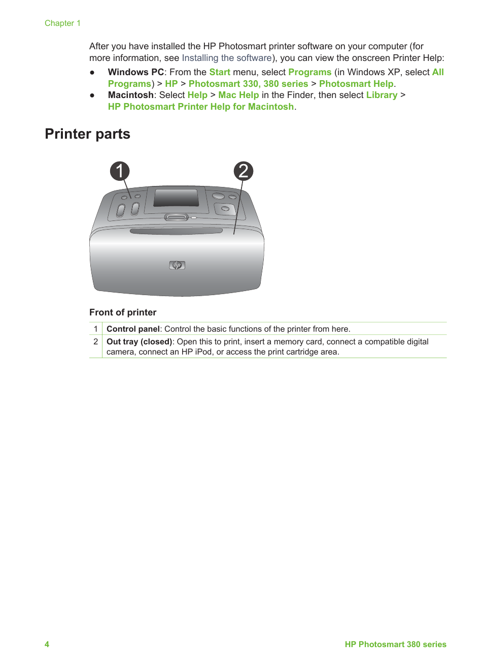 Printer parts | HP Photosmart 385 Compact Photo Printer User Manual | Page 10 / 75