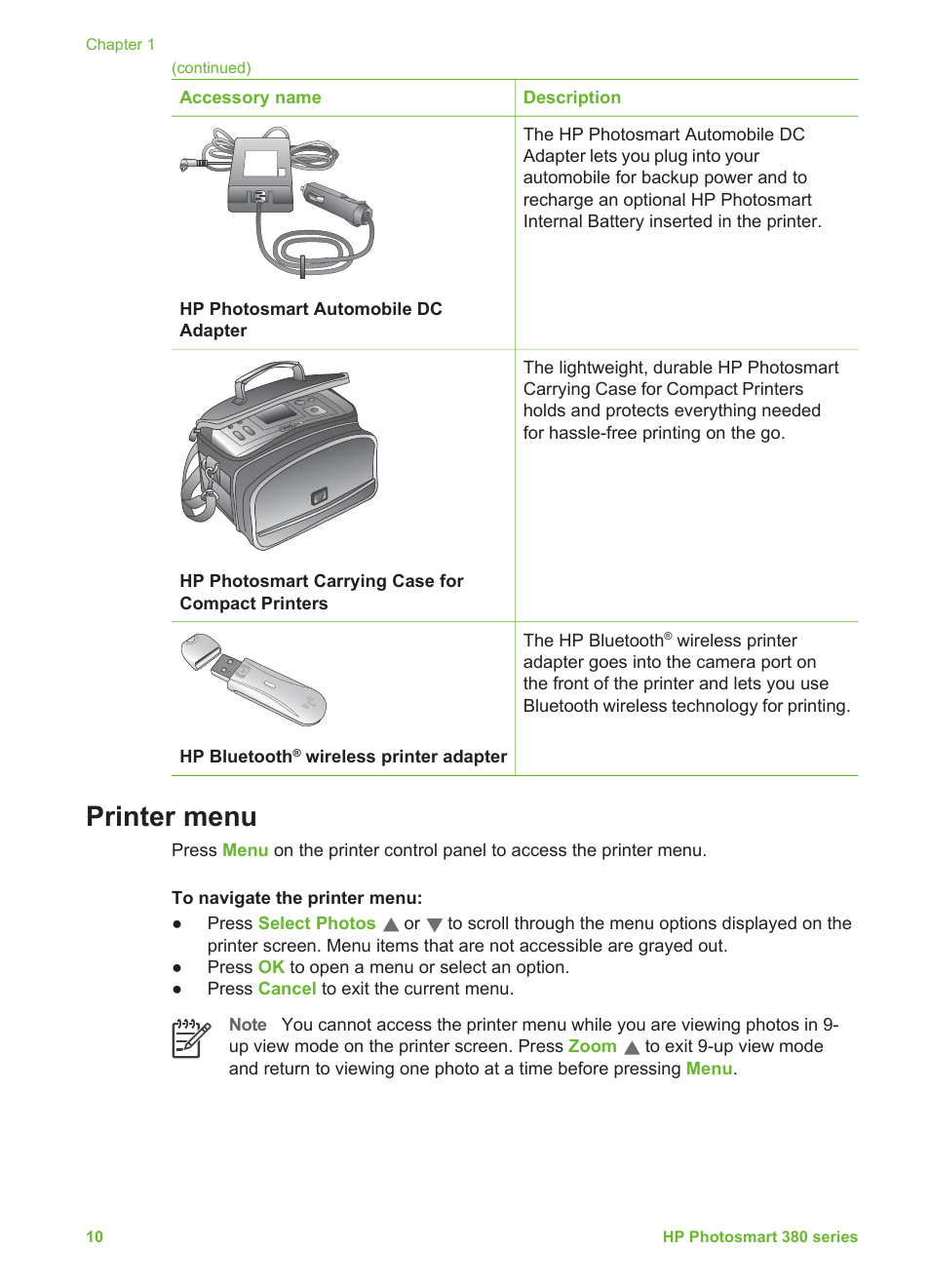 Printer menu | HP Photosmart 385 Compact Photo Printer User Manual | Page 16 / 75