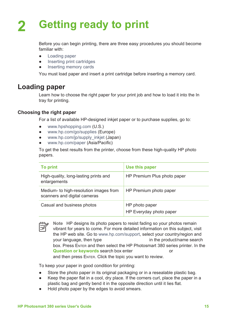 Getting ready to print, Loading paper, Choosing the right paper | Choosing the right paper loading your paper | HP Photosmart 385 Compact Photo Printer User Manual | Page 21 / 75