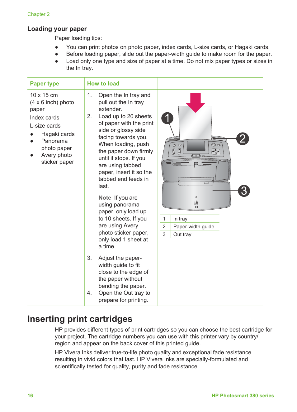 Loading your paper, Inserting print cartridges, Inserting print | Cartridges | HP Photosmart 385 Compact Photo Printer User Manual | Page 22 / 75