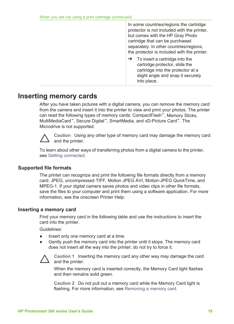 Inserting memory cards, Supported file formats, Inserting a memory card | HP Photosmart 385 Compact Photo Printer User Manual | Page 25 / 75