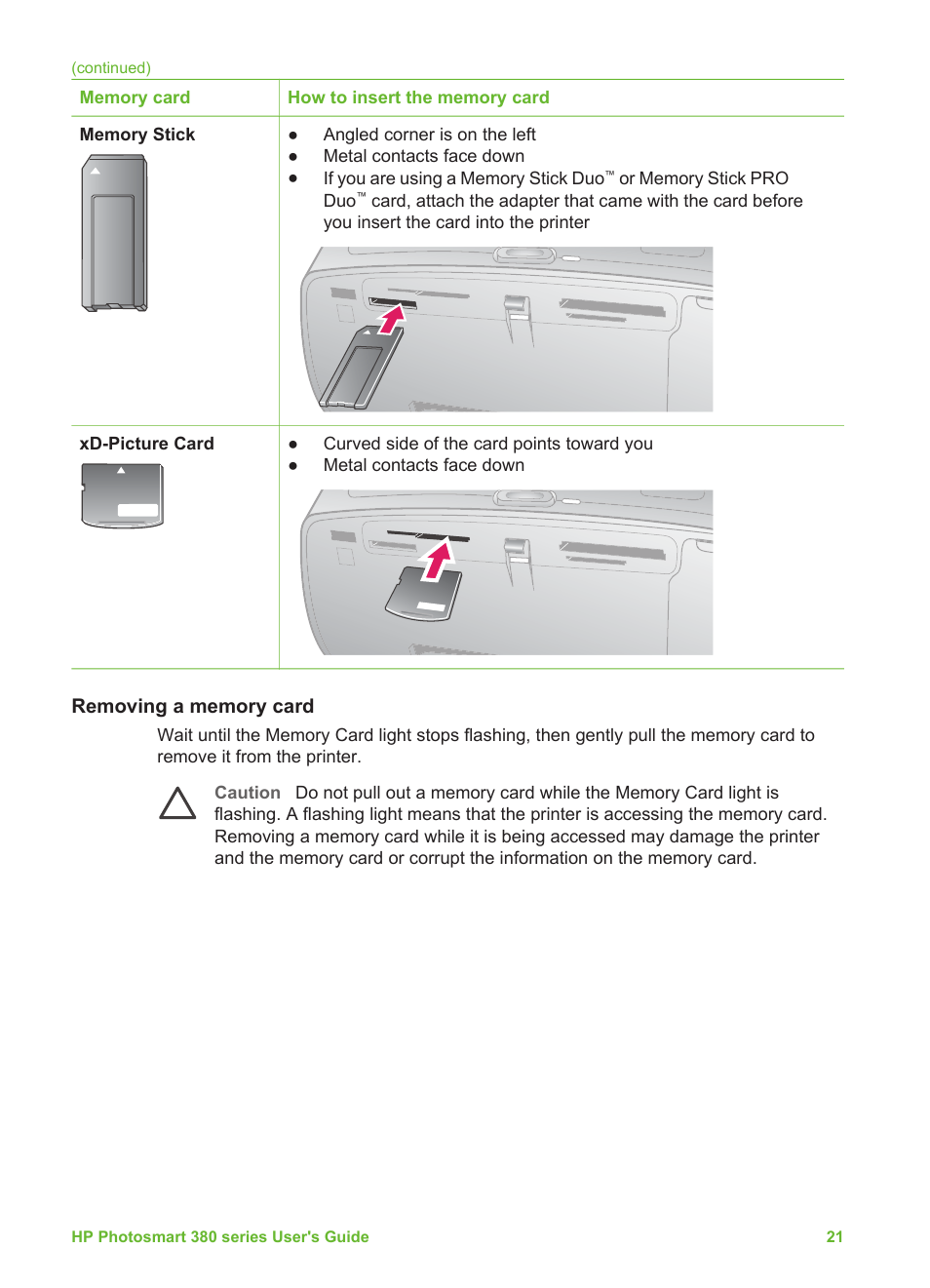 Removing a memory card | HP Photosmart 385 Compact Photo Printer User Manual | Page 27 / 75