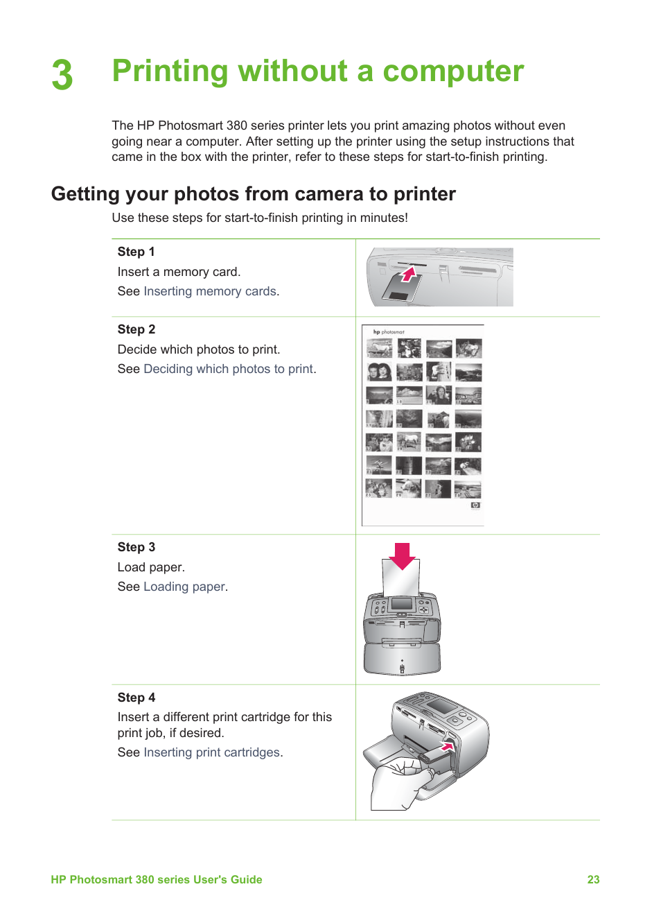 Printing without a computer, Getting your photos from camera to printer | HP Photosmart 385 Compact Photo Printer User Manual | Page 29 / 75