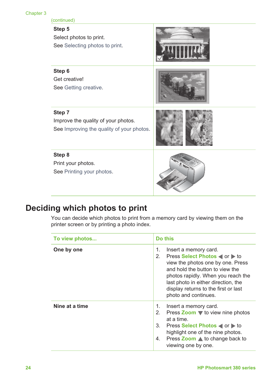 Deciding which photos to print | HP Photosmart 385 Compact Photo Printer User Manual | Page 30 / 75