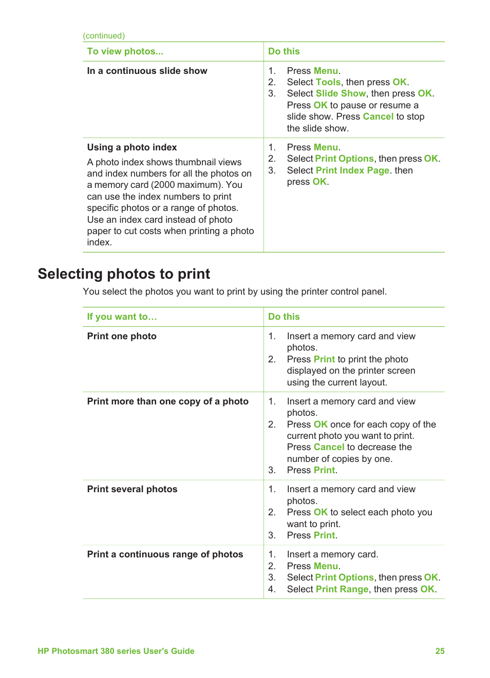 Selecting photos to print | HP Photosmart 385 Compact Photo Printer User Manual | Page 31 / 75