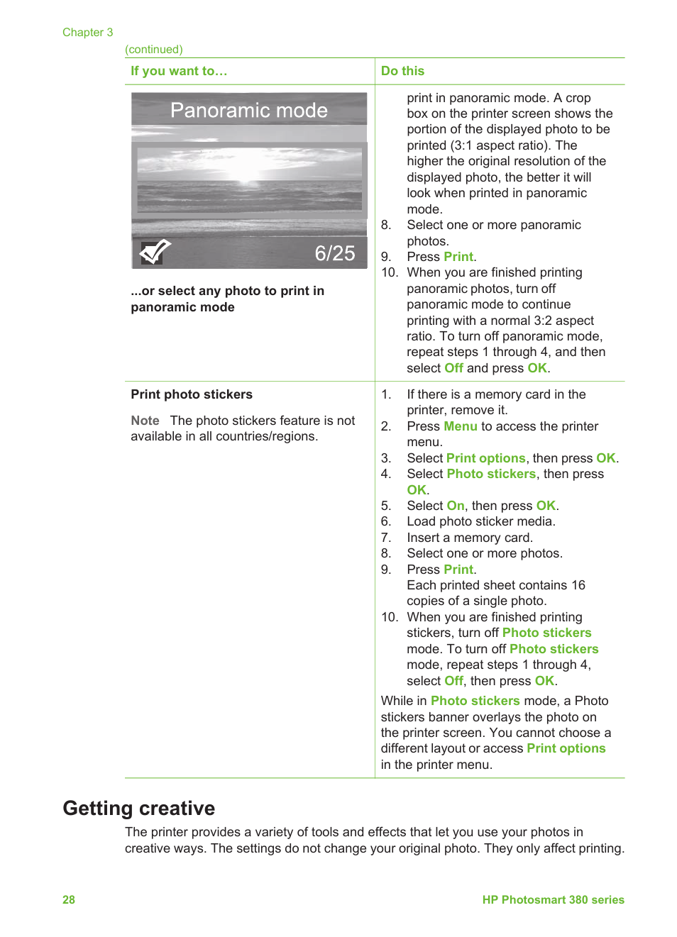 Getting creative, Getting, Creative | HP Photosmart 385 Compact Photo Printer User Manual | Page 34 / 75
