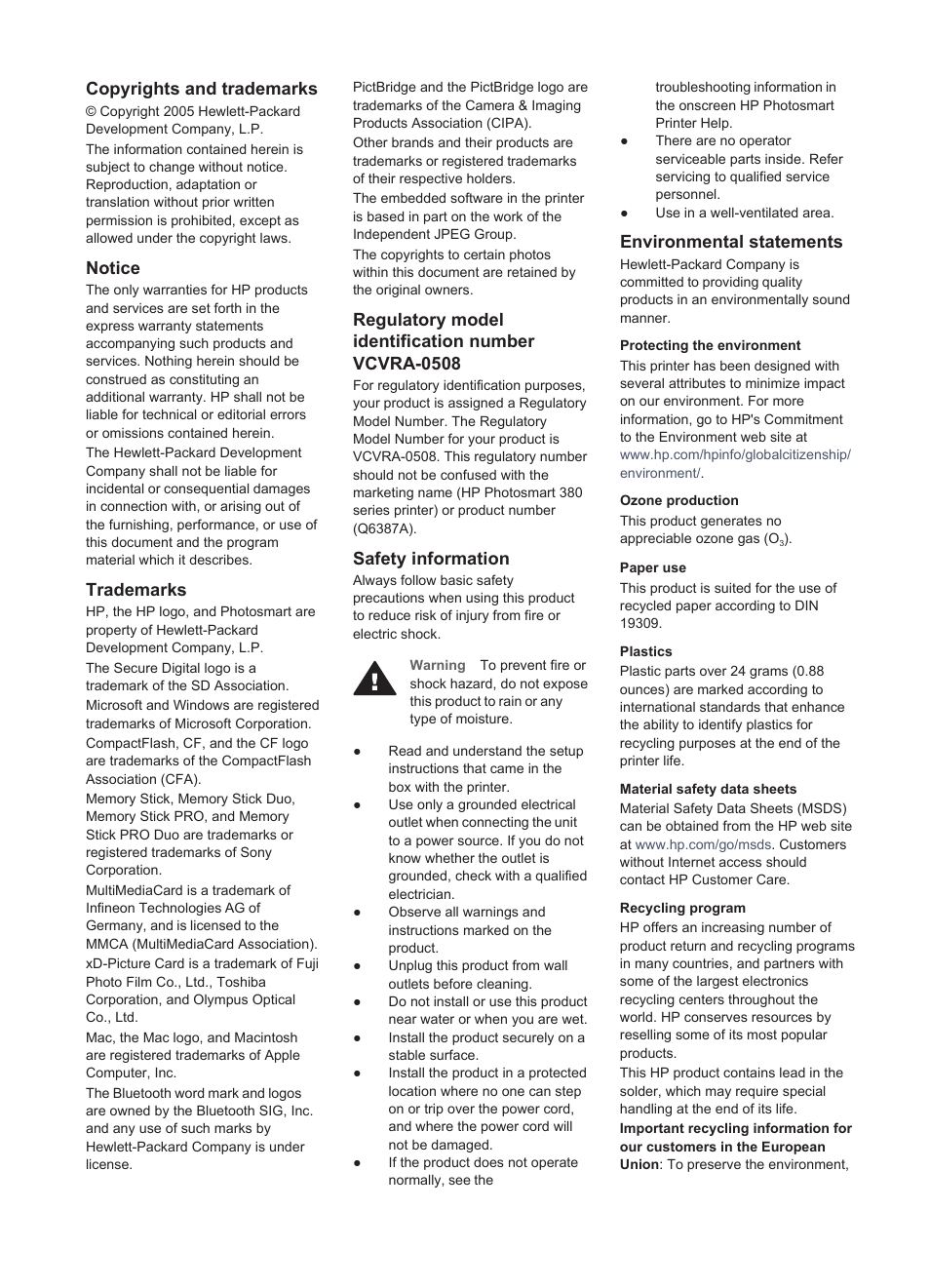 Copyrights and trademarks, Notice, Trademarks | Regulatory model identification number vcvra-0508, Safety information, Environmental statements | HP Photosmart 385 Compact Photo Printer User Manual | Page 4 / 75