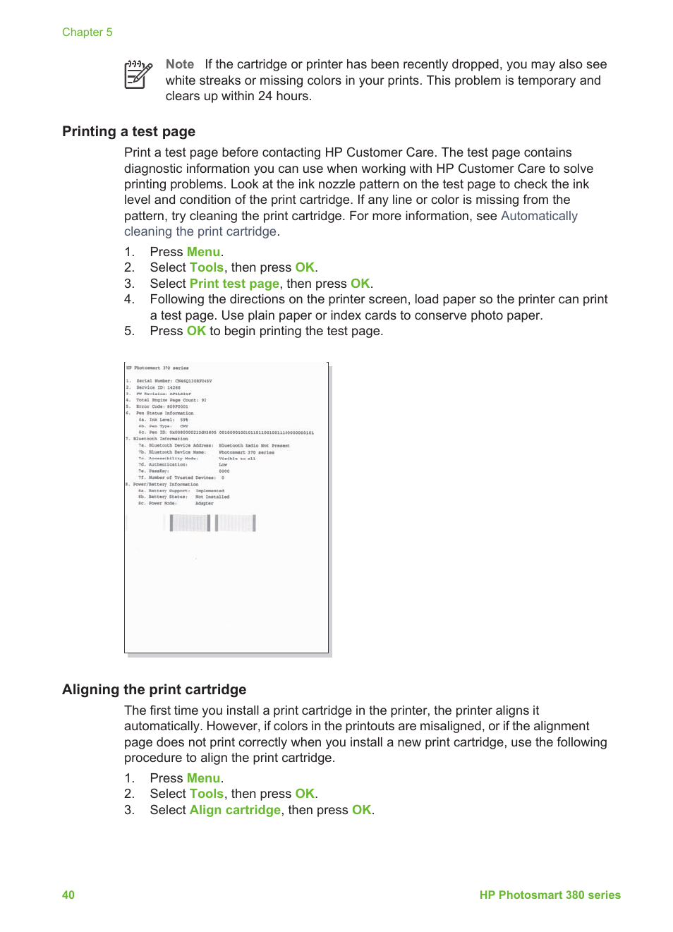 Aligning the print cartridge | HP Photosmart 385 Compact Photo Printer User Manual | Page 46 / 75