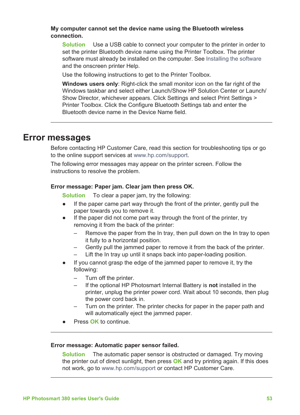 Error messages | HP Photosmart 385 Compact Photo Printer User Manual | Page 59 / 75