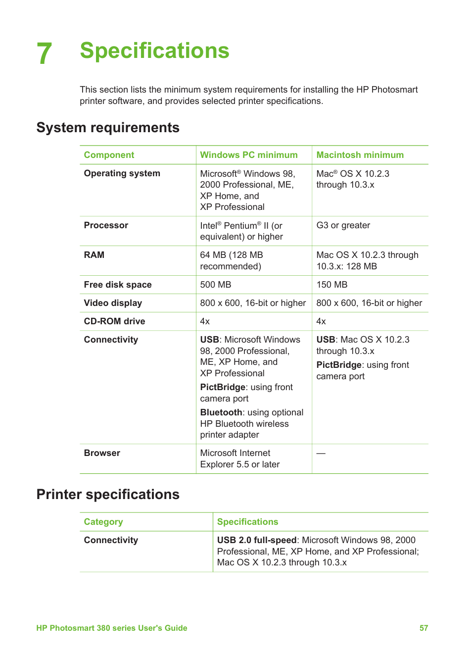 Specifications, System requirements, Printer specifications | System requirements printer specifications | HP Photosmart 385 Compact Photo Printer User Manual | Page 63 / 75