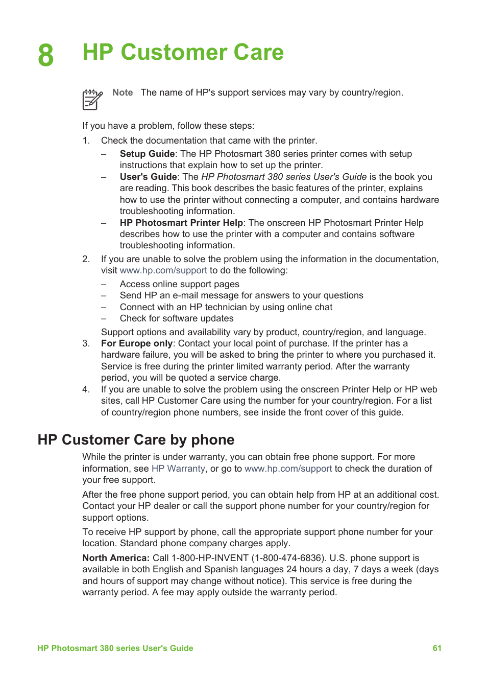 Hp customer care, Hp customer care by phone, Placing a call | HP Photosmart 385 Compact Photo Printer User Manual | Page 67 / 75