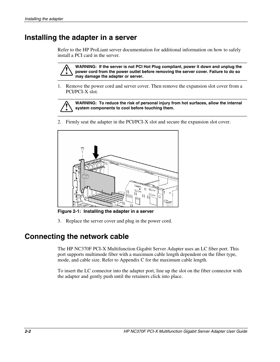 Installing the adapter in a server, Connecting the network cable, Installing the adapter in a server -2 | Connecting the network cable -2 | HP NC370F PCI-X Multifunction Gigabit Server Adapter User Manual | Page 10 / 14