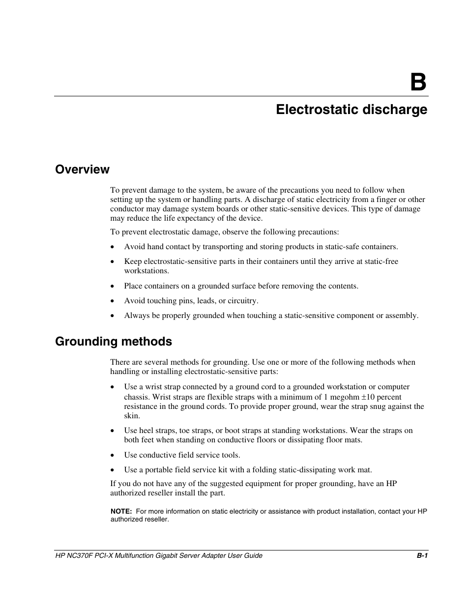 Appendix b: electrostatic discharge, Overview, Grounding methods | Appendix b, Electrostatic discharge | HP NC370F PCI-X Multifunction Gigabit Server Adapter User Manual | Page 13 / 14