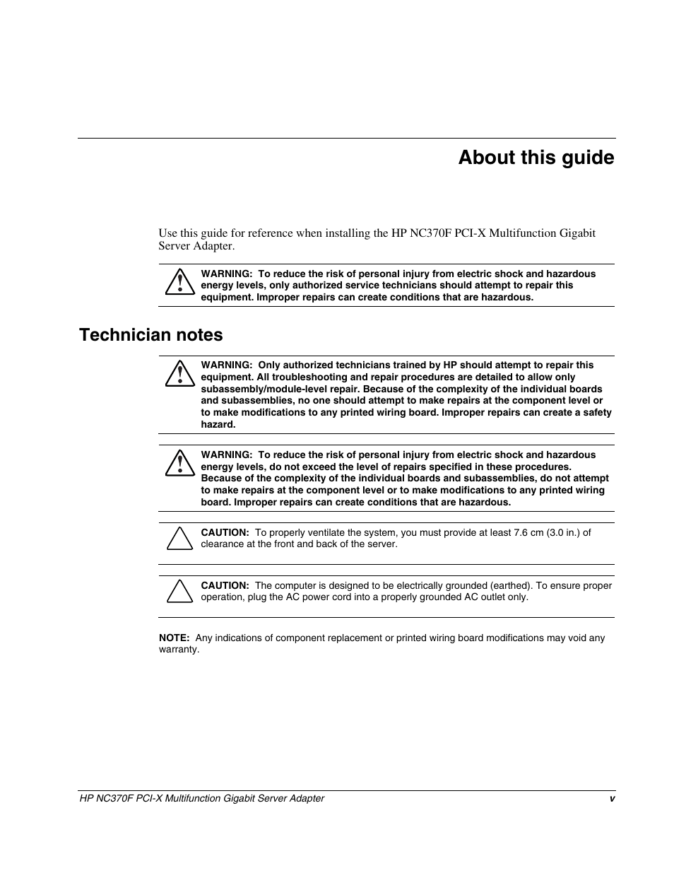 About this guide, Technician notes | HP NC370F PCI-X Multifunction Gigabit Server Adapter User Manual | Page 5 / 14